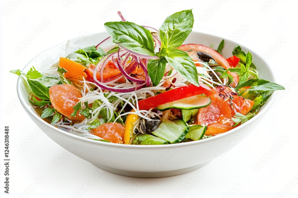 Fresh and Colorful Asian Salad with Basil and Vegetables in a White Bowl on White Background Fresh and Colorful Asian Salad with Basil and Vegetables in a White Bowl on White Background