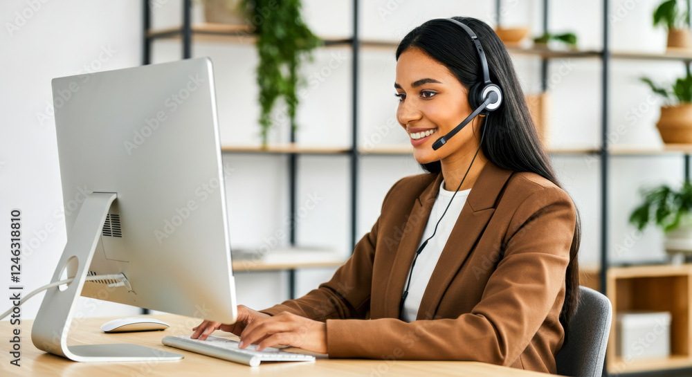 Smiling woman in a professional setting engaged in a video call at her office during daytime Smiling woman in a professional setting engaged in a video call at her office during daytime
