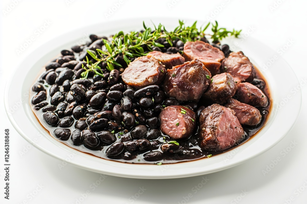 Savory Black Bean Stew with Tender Meat Cubes and Fresh Thyme on a White Plate Savory Black Bean Stew with Tender Meat Cubes and Fresh Thyme on a White Plate