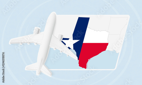 Texas Travel Illustration with Plane and National Flag. Airplane Flying Over Texas Map.