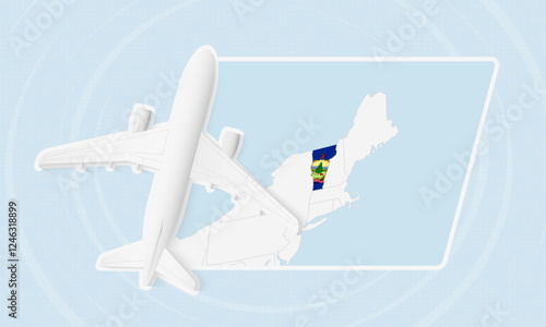 Vermont Travel Illustration with Plane and National Flag. Airplane Flying Over Vermont Map.