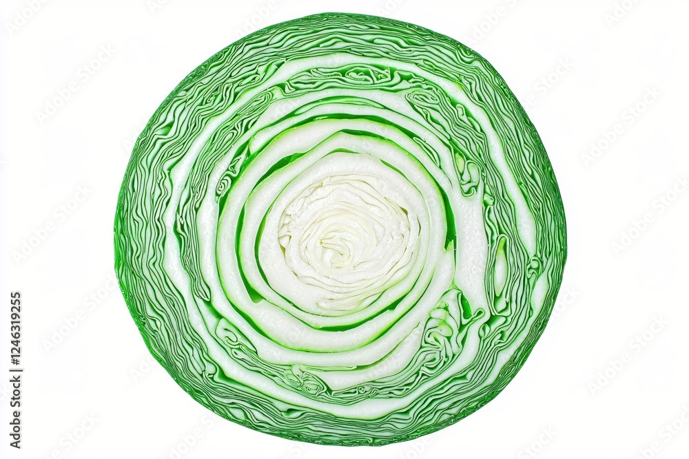 Fototapeta premium Fresh Green Cabbage Cross Section on White Background Revealing Intricate Leafy Layers