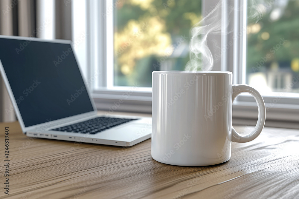 Steaming hot coffee in a white mug on a wooden desk with a laptop and smartphone, morning light streaming through the window creating a cozy work environment Steaming hot coffee in a white mug on a wooden desk with a laptop and smartphone, morning light streaming through the window creating a cozy work environment