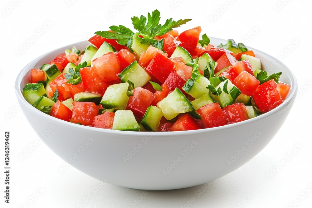 Fresh Garden Salad with Tomatoes and Cucumbers in a White Bowl on a Clean White Background Fresh Garden Salad with Tomatoes and Cucumbers in a White Bowl on a Clean White Background
