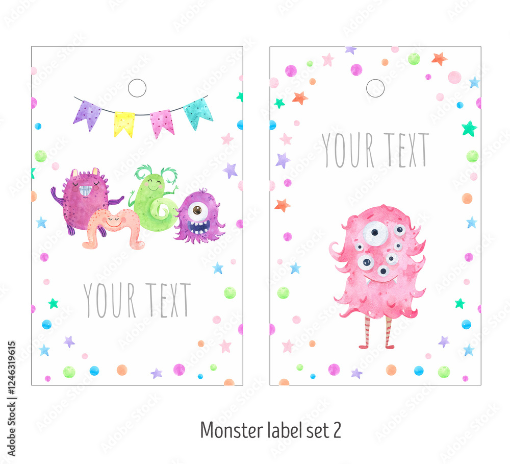 Watercolor illustrations cartoon monster characters label. Funny monster background stikers. Say Boo! Happy Halloween. Monster party. Funny colorful monsters, aliens. Perfect for create nursery, invit Watercolor illustrations cartoon monster characters label. Funny monster background stikers. Say Boo! Happy Halloween. Monster party. Funny colorful monsters, aliens. Perfect for create nursery, invit