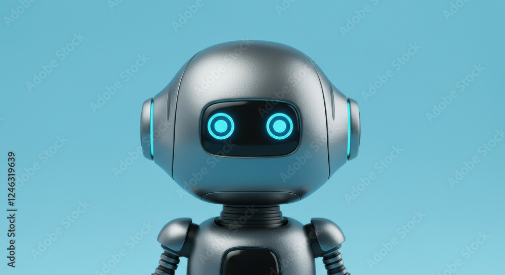 Metallic robot character with glowing blue eyes against a light blue background, showcasing advanced robotics in a modern design Metallic robot character with glowing blue eyes against a light blue background, showcasing advanced robotics in a modern design