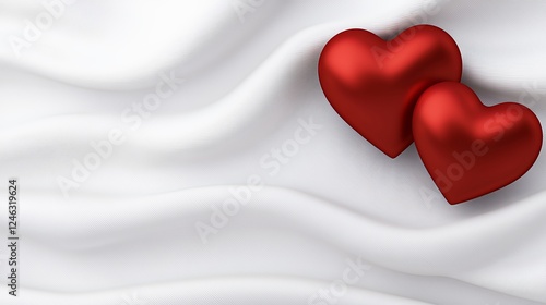 Two Red Glossy Hearts on White Undulating Fabric