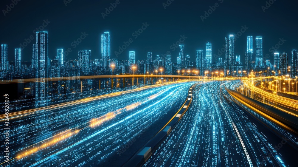 Fototapeta premium Futuristic Cityscape Night Highway Data Streams