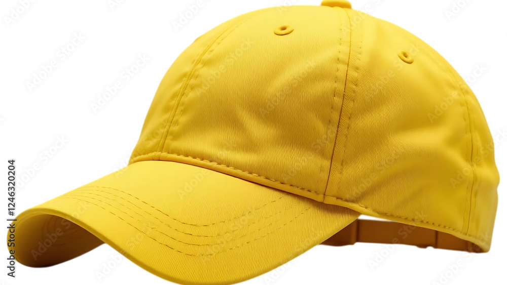Fototapeta premium Bright yellow baseball cap isolated on white background, stylish sports hat with curved brim, classic adjustable headwear for casual fashion and outdoor wear