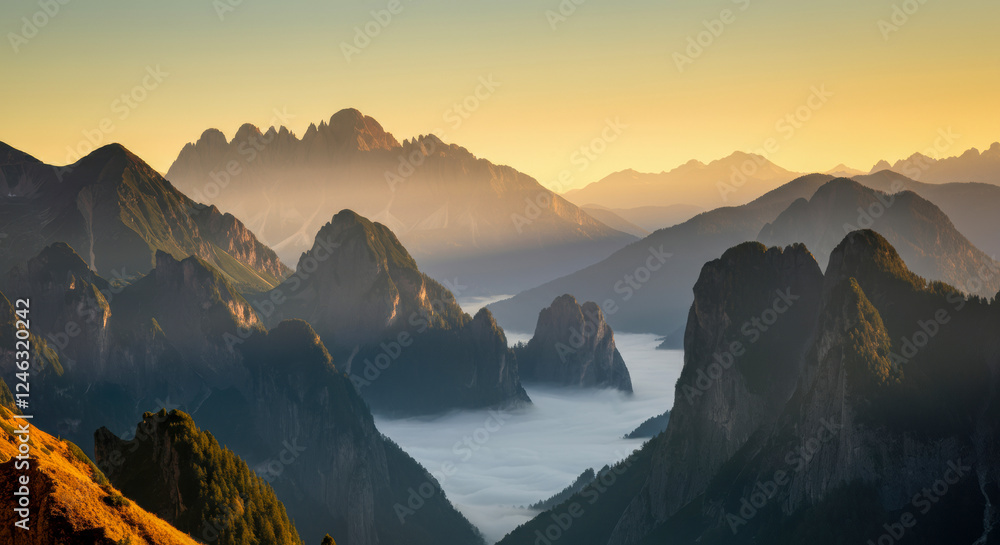 Scenic mountain landscape at dawn with mist-covered valleys and vibrant sky in the background Scenic mountain landscape at dawn with mist-covered valleys and vibrant sky in the background