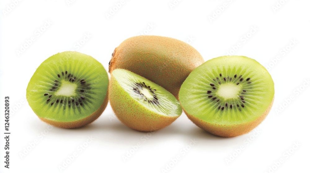 Fresh kiwi halves and whole fruit display on white background Fresh kiwi halves and whole fruit display on white background