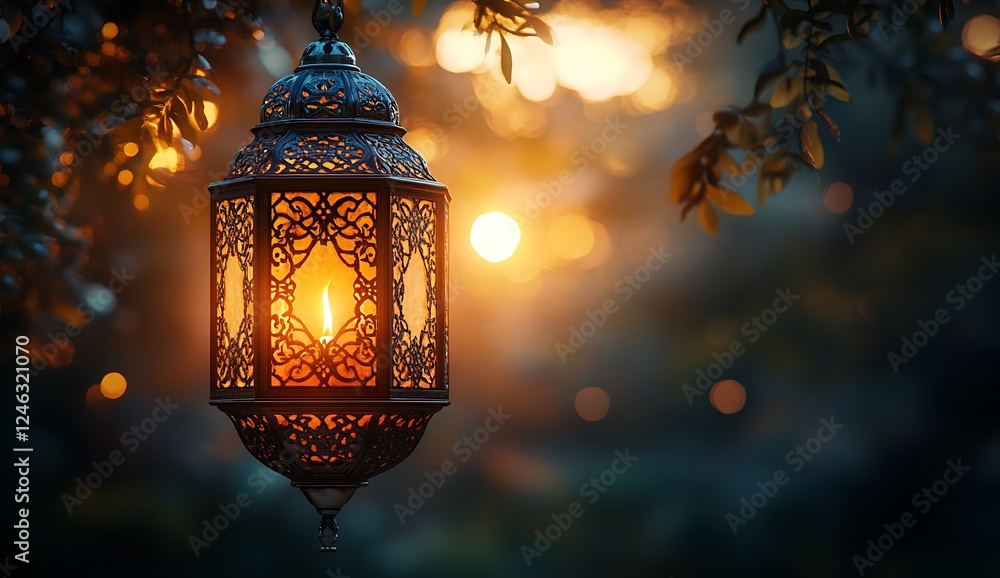 Ornate Lantern Glowing Softly with Blurred Sunset and Foliage
Ornate Lantern Glowing Softly with Blurred Sunset and Foliage