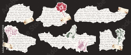 Set of torn paper with torn edges. Butterfly, flower, and adhesive tape elements for the design with the effect of grain and dotted lines. Hand-drawn text clippings with a rough texture. Vector.