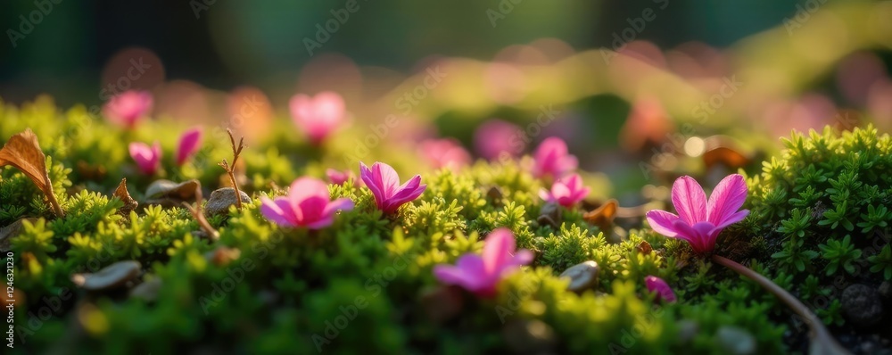 Obraz premium Tiny flower petals scattered on a mossy floor, small, delicate