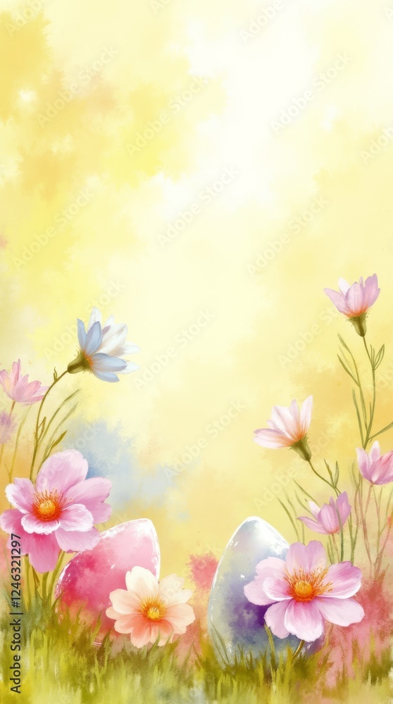 Pastel-colored Easter eggs nestled among delicate flowers against a soft yellow background. Pastel-colored Easter eggs nestled among delicate flowers against a soft yellow background.
