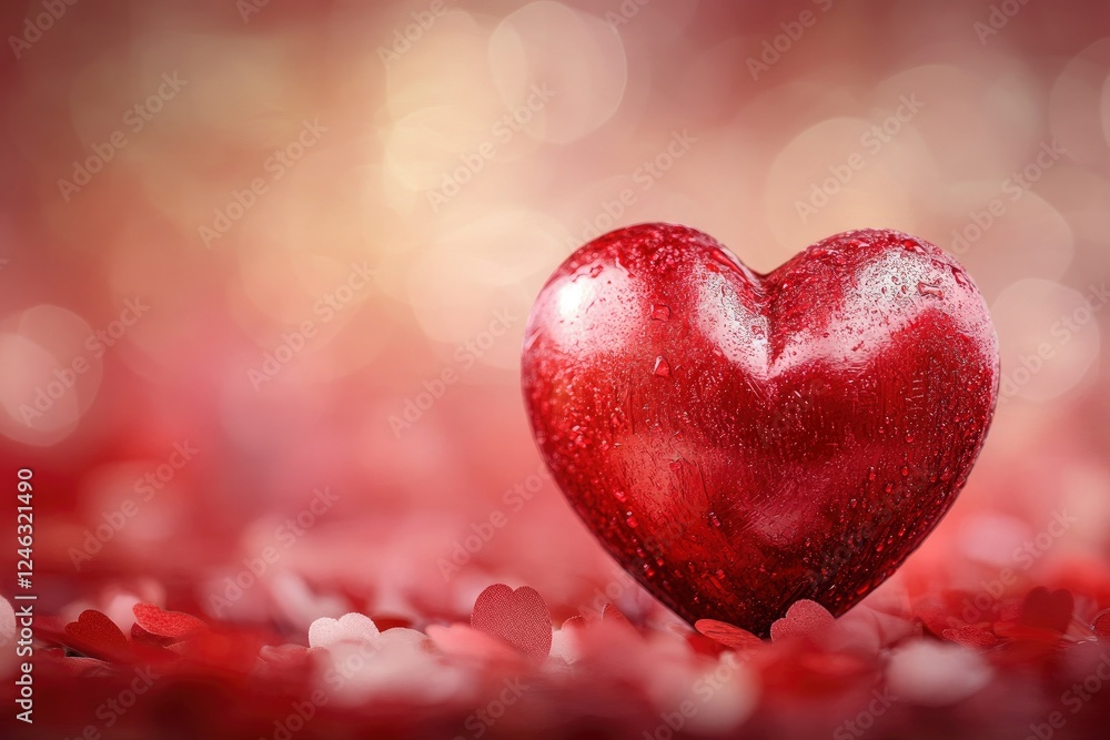 Obraz premium Red Heart on a Romantic Background Featuring Valentine Decorations and Soft Bokeh Effects