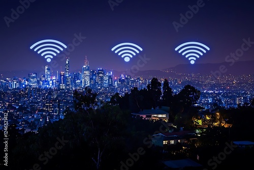 Modern cityscape with wireless network connections, featuring a night background and highlighting the citya??s digital infrastructure photo