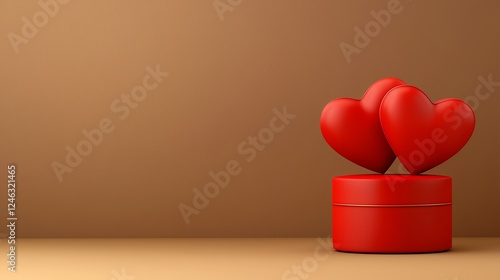 Two Red Hearts on Red Pedestal Against Brown Background