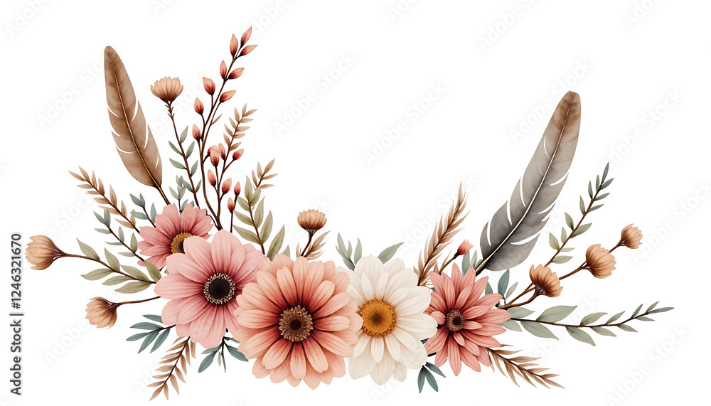 Obraz premium Floral arrangement with pink and white flowers and feathers