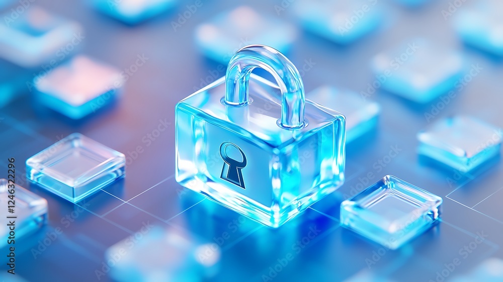 Fototapeta premium Stylish Transparent Blue Padlock on Glossy Background Representing Digital Security and Data Protection Concepts