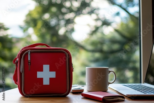 Red First Aid Kit on Wooden Table Near Laptop and Coffee Mug