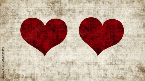 Two Red Hearts on Textured Beige Background