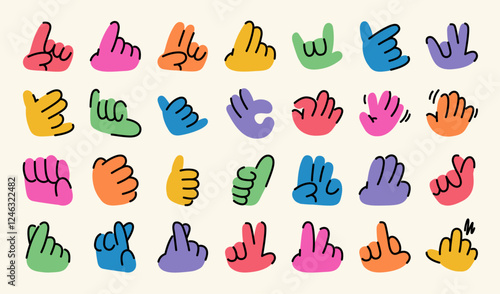 A set of playful and vibrant vector hands showcasing a variety of fun and expressive gestures in a colorful cartoon design on a neutral background. Great for creative uses and concepts.