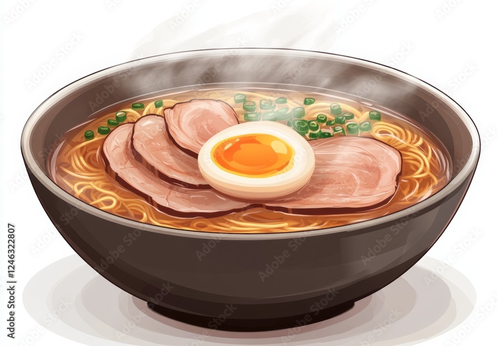 Steaming ramen bowl, restaurant food, Asian cuisine, white background, menu design Steaming ramen bowl, restaurant food, Asian cuisine, white background, menu design