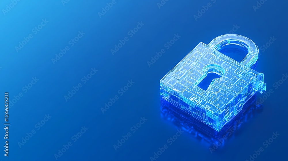 Fototapeta premium Transparent Digital Lock on Blue Background Representing Cyber Security and Data Protection Technologies