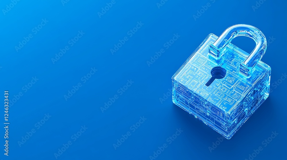 Fototapeta premium Transparent digital padlock symbolizing cybersecurity and data protection on vibrant blue background