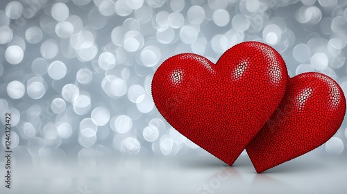 Two Red Pixelated Hearts on Gray Bokeh Background