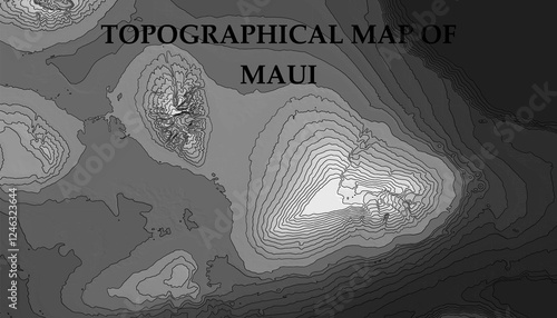 Topographic map in black and white. Geographic relief of mountains and ocean floor in vector illustration. Texture of topographic image. Graphic contour lines of height. Maui, Hawaii, USA, waterfalls,