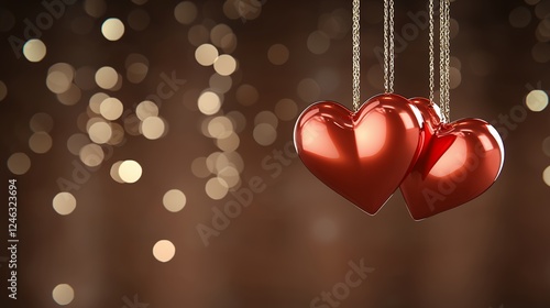 Two Red Shiny Hearts Hanging on Gold Chains Against Bokeh Background