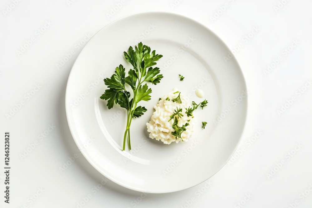 Elegant presentation of white rice salad with fresh green parsley on a white plate Elegant presentation of white rice salad with fresh green parsley on a white plate