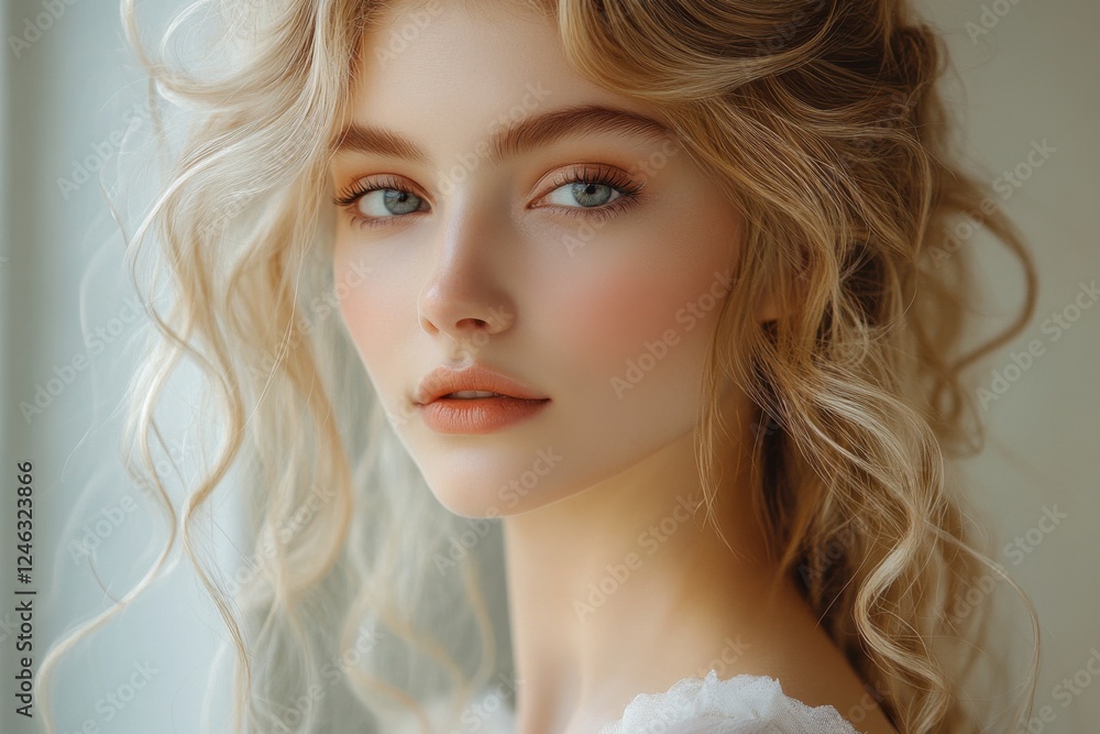 Elegant young woman with wavy hair and striking blue eyes gazes thoughtfully out of a sunlit window in a serene indoor setting during the afternoon Elegant young woman with wavy hair and striking blue eyes gazes thoughtfully out of a sunlit window in a serene indoor setting during the afternoon