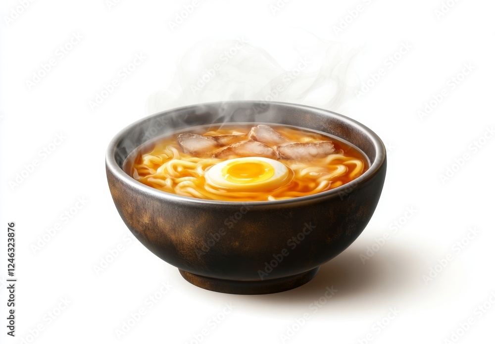 Steaming ramen bowl, egg, pork, studio shot, food photography Steaming ramen bowl, egg, pork, studio shot, food photography