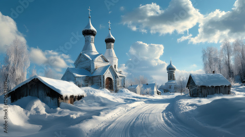 Russian winter scene with a village photo