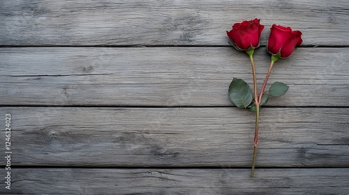 Two Red Roses on Weathered Gray Wood Planks