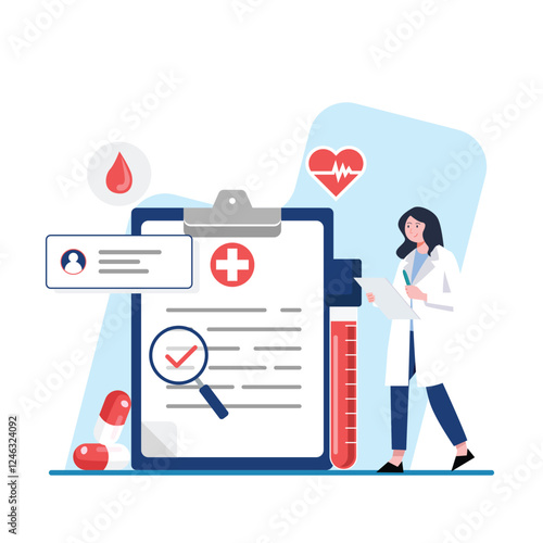 A female doctor examines a patients medical chart alongside a blood test tube and other health icons. Perfect for healthcare and medical websites