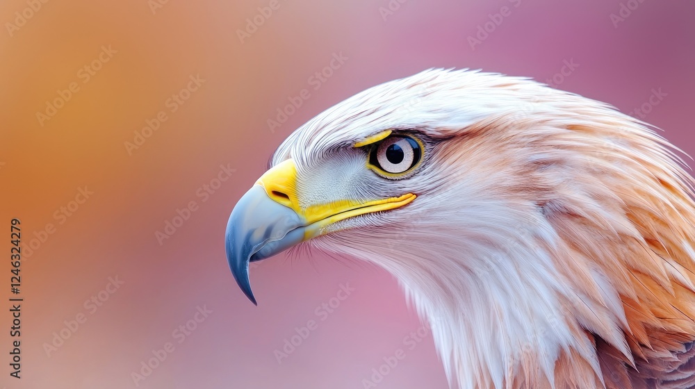 Naklejka premium Eagle head profile with a sharp yellow beak and white feathers against a soft pastel background.