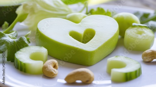 Heart-shaped avocado slice on white plate with fresh greens and nuts, representing healthy cholesterol and nutritious diet concepts. photo