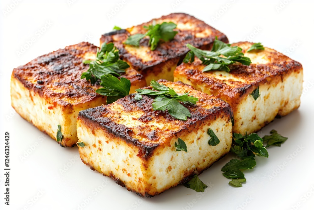Delicious Grilled Paneer Cheese Cubes Garnished with Fresh Parsley on a Clean White Background Delicious Grilled Paneer Cheese Cubes Garnished with Fresh Parsley on a Clean White Background