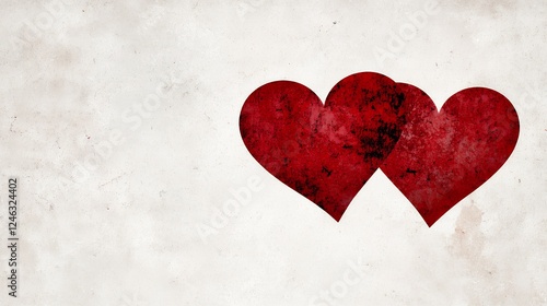 Two Red Textured Hearts on Beige Background