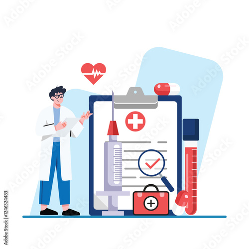 A doctor reviews a medical report with syringe pills and blood test tube Perfect for healthcare websites and presentations