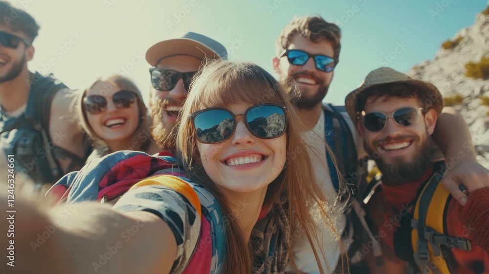 Group of friends taking a selfie on a mountain Group of friends taking a selfie on a mountain