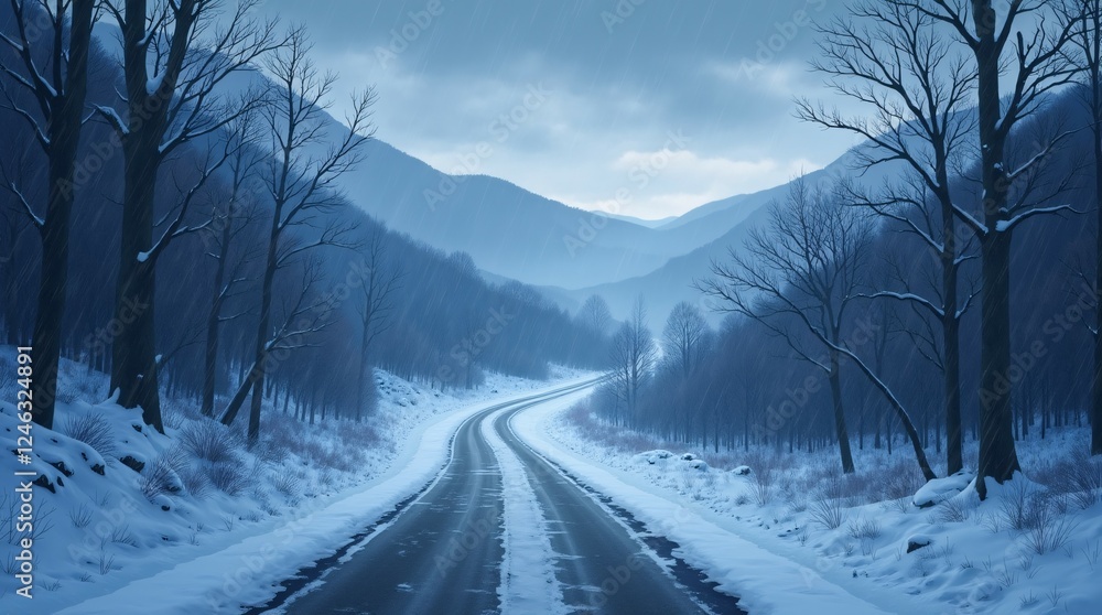 A Lonely Snowy Road Winding Through a Cold and Mysterious Winter Forest. A Lonely Snowy Road Winding Through a Cold and Mysterious Winter Forest.