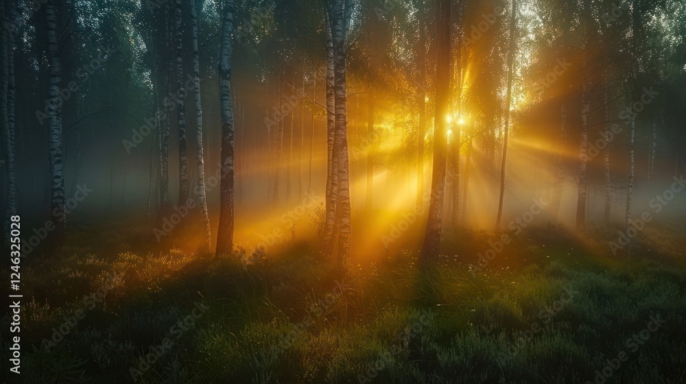 Ethereal sunrise illuminating a misty forest with golden rays piercing through trees Ethereal sunrise illuminating a misty forest with golden rays piercing through trees