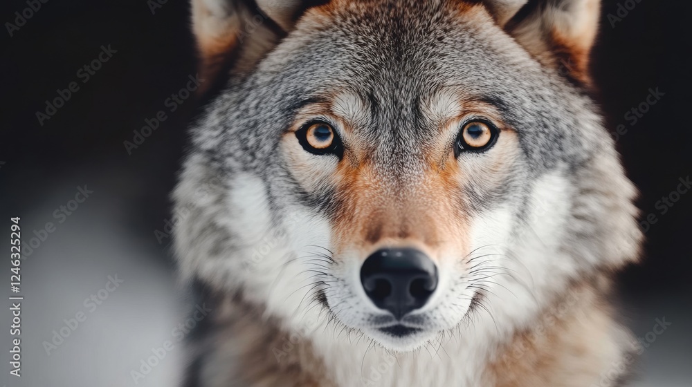 Fototapeta premium Wolf gazes intensely at the camera in a snowy forest during early morning light