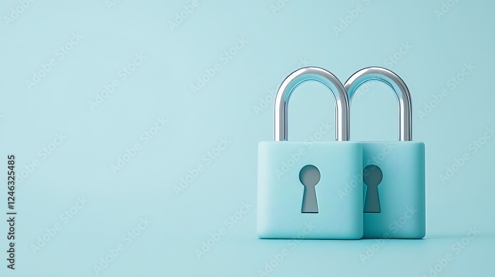 Fototapeta premium Two modern pastel blue padlocks with shiny metal shackle on a light blue background for security concept