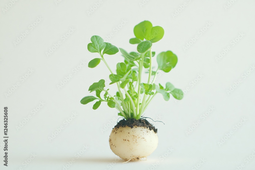 Fresh Turnip with Green Leaves Against a Soft White Background in a Studio Setting Fresh Turnip with Green Leaves Against a Soft White Background in a Studio Setting
